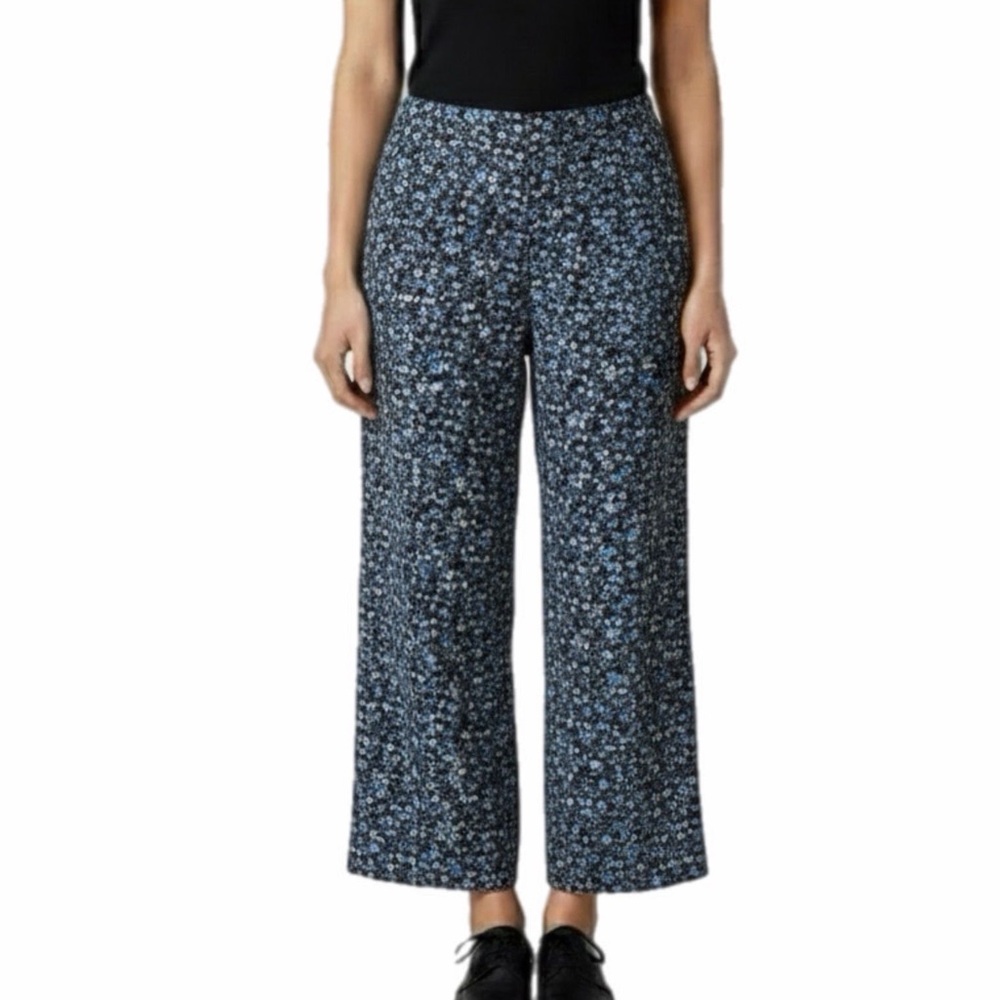 New Frontier Womens Size 8 Navy Floral Ankle Pants Wide Straight Leg